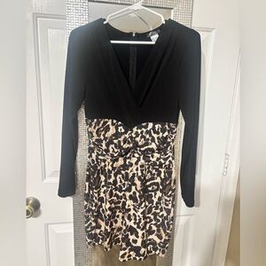 VENUS Black Top with Tan and Black Leopard-Print Long Sleeve Dress